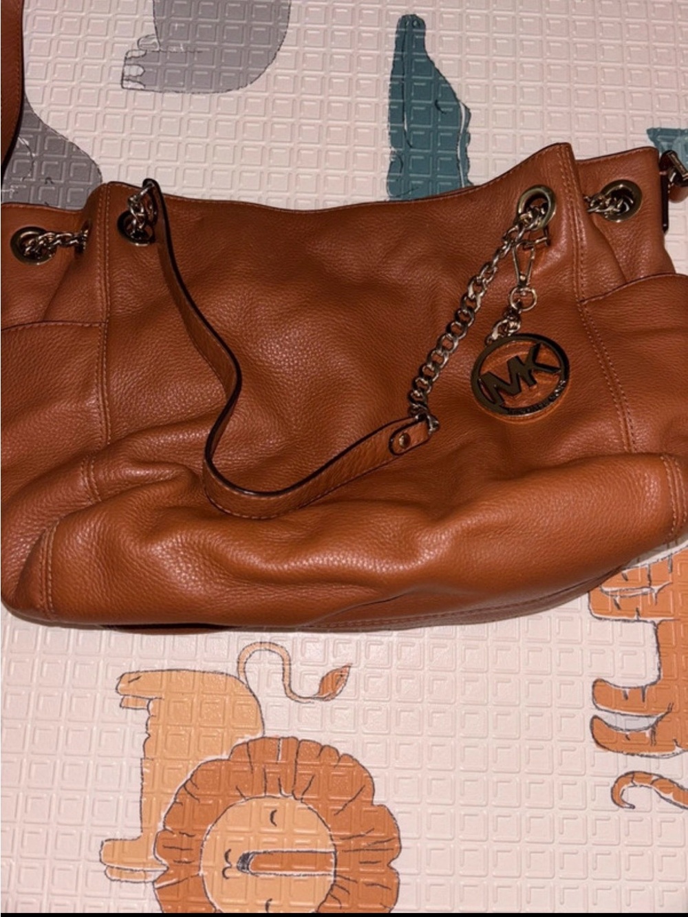 Michael Kors Cognac Pebbled Leather Shoulder Bag with Chain Charm - Picture 2 of 10